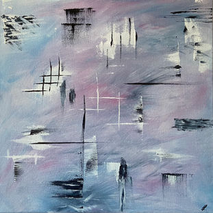Abstract painting in pale blues, pinks and greys