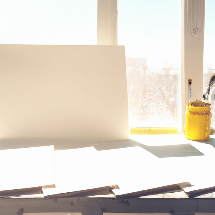 stack of blank canvas and papers on the counter with paint pots and brushes in front of a 