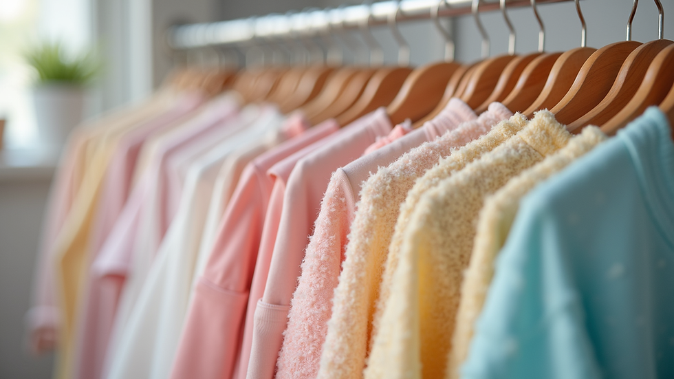 Eye-level view of a clothing rack with pastel-colored children's outfits