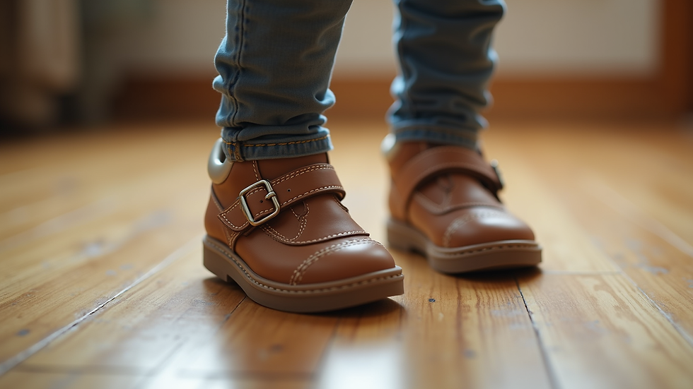 Close-up view of children's shoes with adjustable straps on a wooden floor