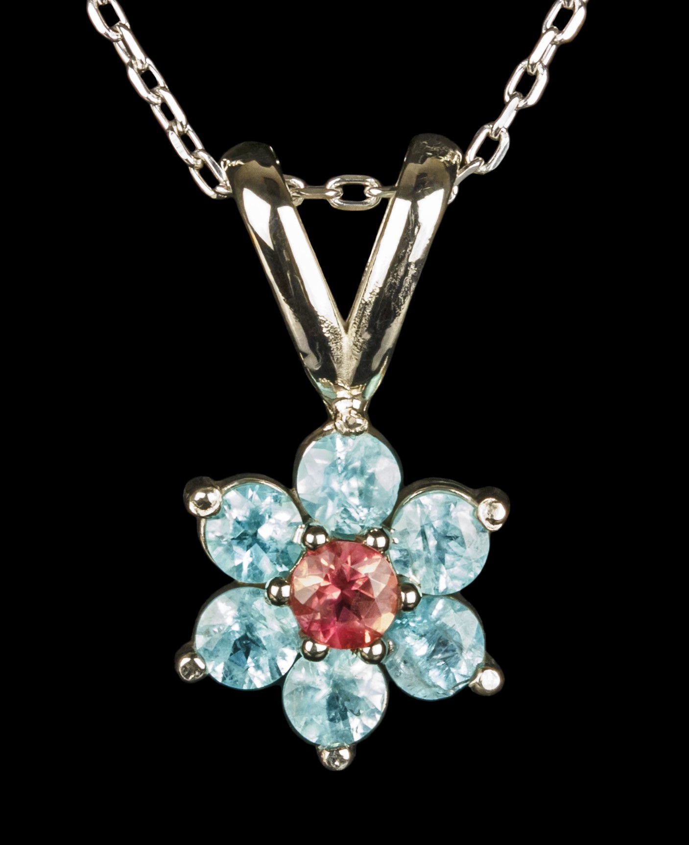 Red Emerald (beryl) & Paraiba Tourmaline Flower Pendant in 18K White Gold