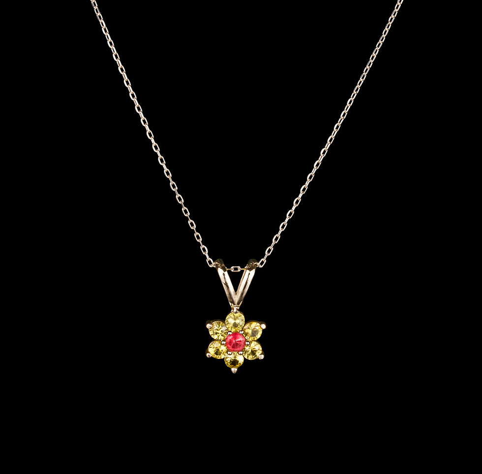 Thumbnail: Red Emerald beryl & Pallasite Peridot Meteorite Flower Pendant in 18K White Gold