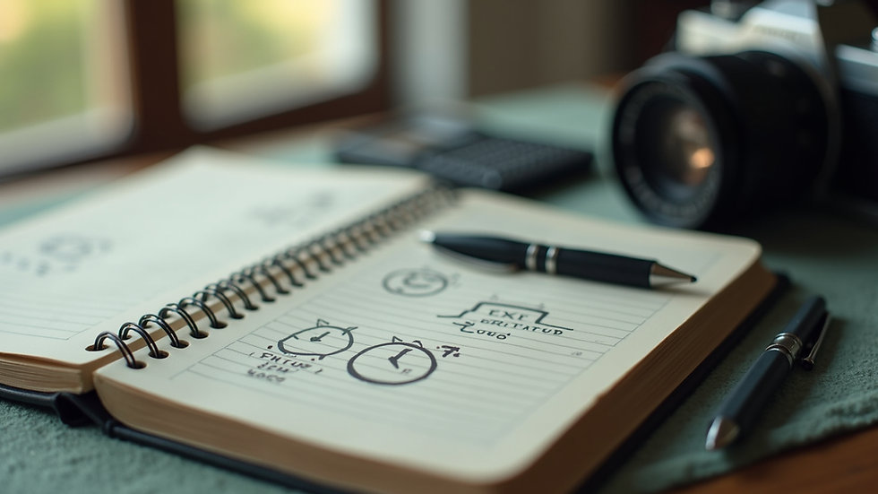 Vue en plongée d'un carnet de notes avec calculs et un appareil photo à côté