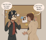Brothers arguing in front of an investigation/clue board full of strings and sticky notes. Mateo wears a dog-face mask. The dialogue reads:
Mateo: See? It's like he's back already!
Tadeo: You're not my dog, Mateo.