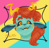A blue-greenish creature with ginger hair, yellow horns and floppy ears.