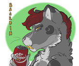 Features an anthropomorphic sabertooth with red hair and a can of Dr. Pepper.