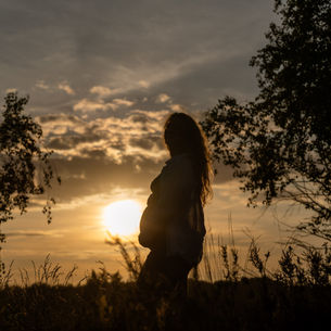 Silhouet zwangerschap met zonsondergang