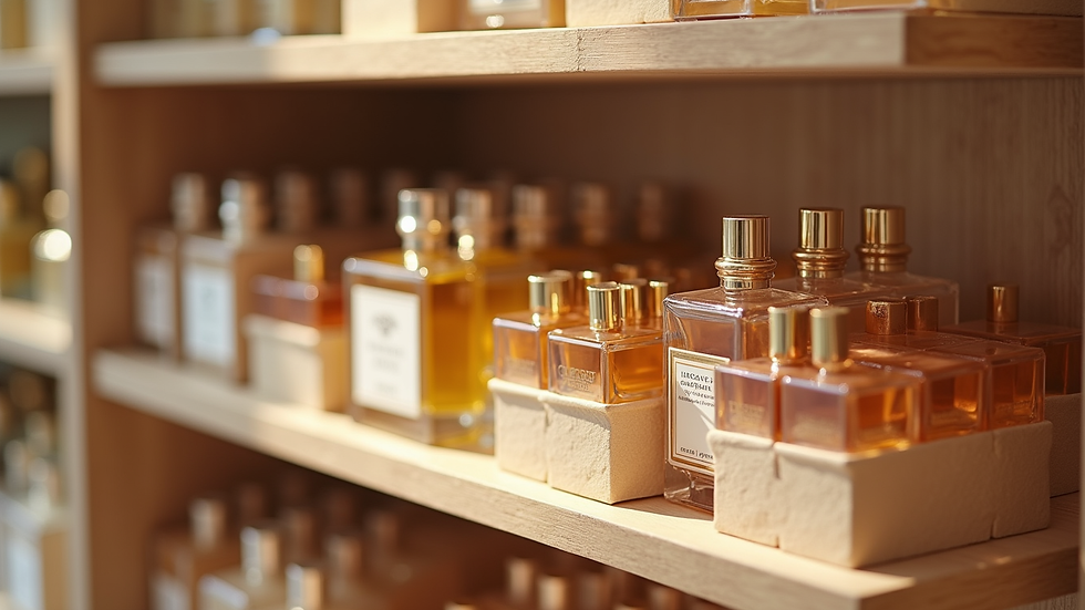 Vista de frascos de perfume organizados en estantes de tienda