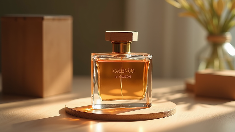 Plano detalle de frasco de perfume elegante sobre mesa de madera