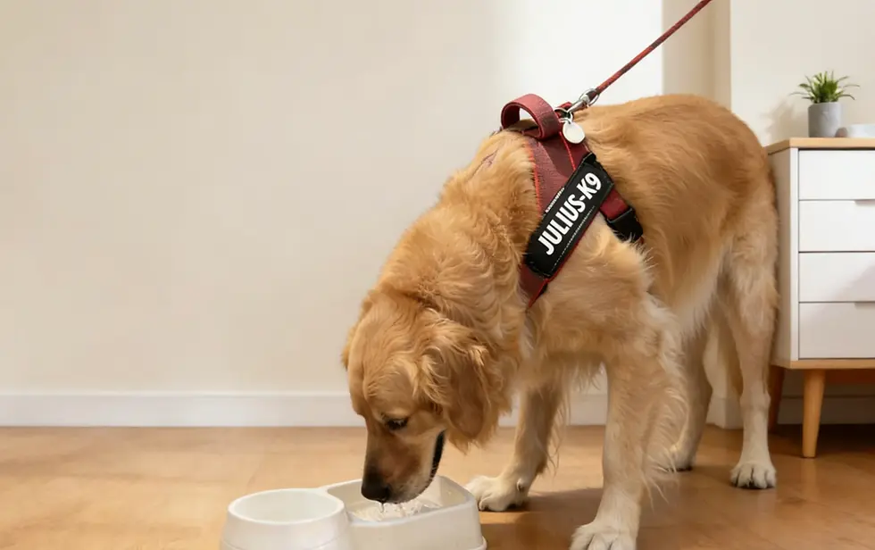 K9 service dog with tactical harness drinking from portable water bowl