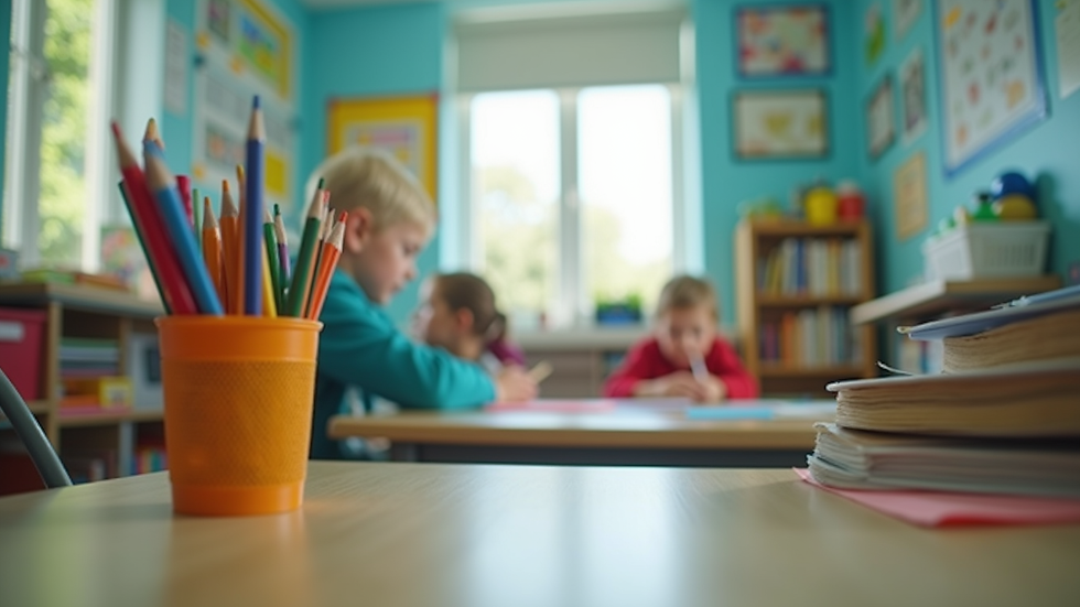 Eye-level view of a colorful classroom filled with educational materials