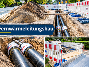 Verlegte Fernwärmerohre im offenen Graben, daneben abgesicherte Baustelle mit Absperrgittern und Fußgängerüberweg.