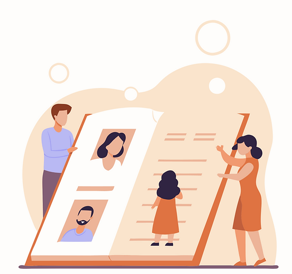 Illustrated concept of a family creating a personalized storybook. A large open book features photos and text