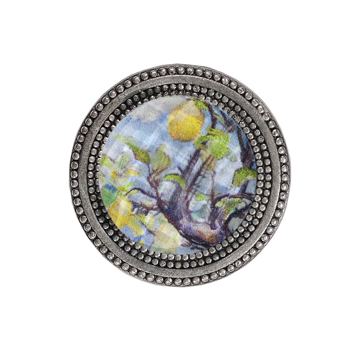 magnetic silver color scarf pin painted with a lemon tree under a faceted crystal