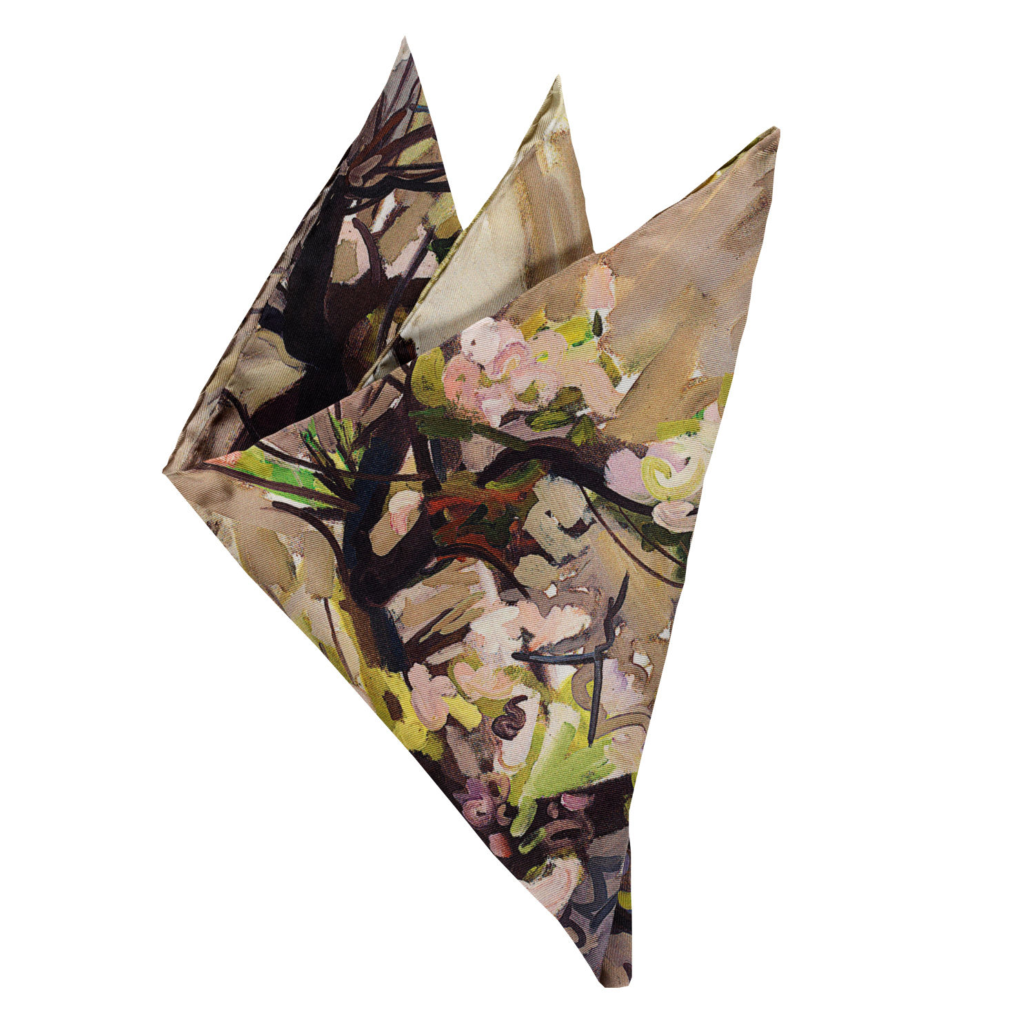 hanhand stitched pocket italian square on fine silk twill folded into points