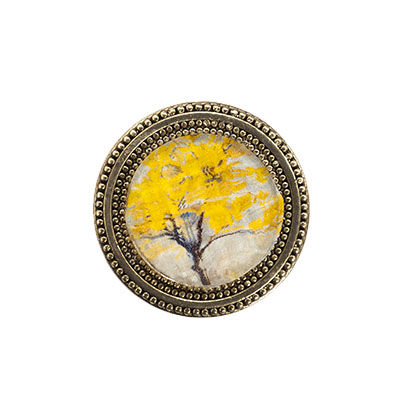 round golden magnetic scarf pin with a tree painting in yellow and gray