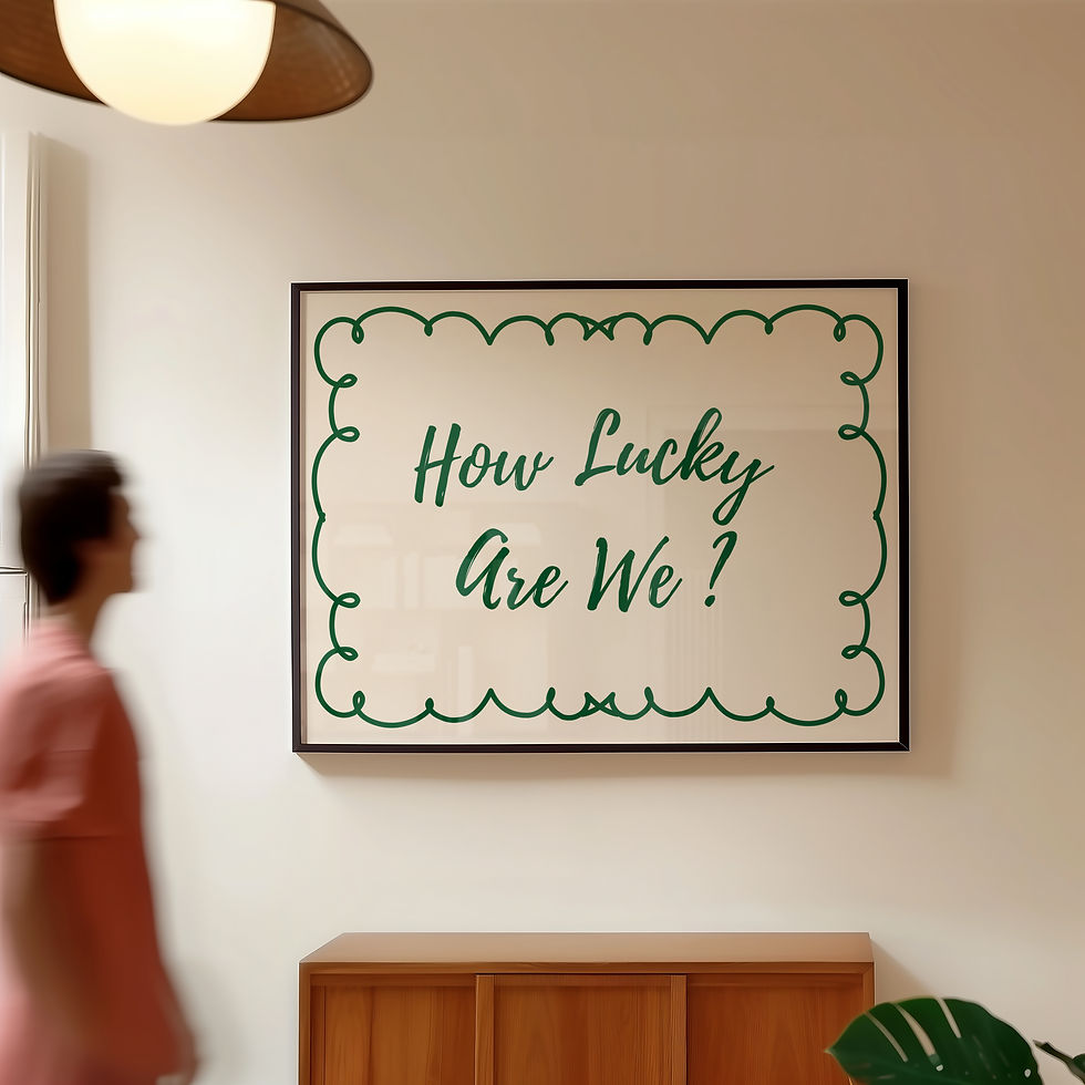 “A minimalist white poster featuring the motivational quote ‘How Lucky Are We?’ in elegant green script