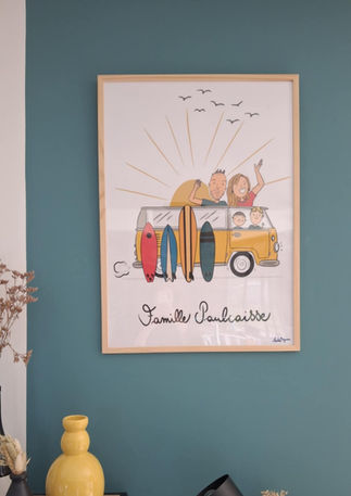 Poster with text, a yellow van, and surfboards; 