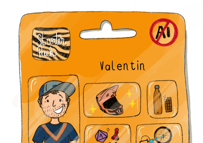 Illustration de Valentin, avec des objets de cyclisme et son nom sur l'emballage.