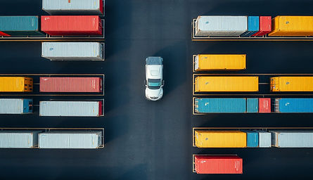 An overhead top-down drone photograph of a shipping port container yard. Organized rows of