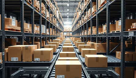 Photorealistic parcel sorting facility with neatly organized shipping boxes on conveyor be