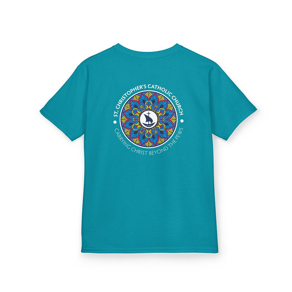 Thumbnail: Kids: St. Christopher's Stained Glass Back Cotton T-Shirt (Two Sided)