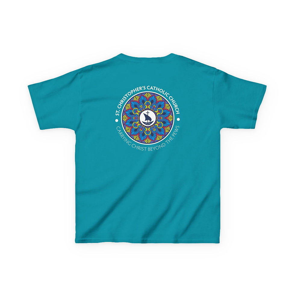 Thumbnail: Kids: St. Christopher's Stained Glass Back Cotton T-Shirt (Two Sided)