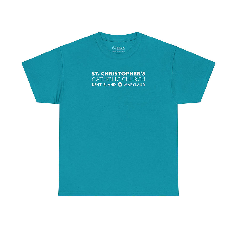Thumbnail: Cotton: St. Christopher's Word Front + Boat Catholic Back T-Shirt (Two Sided)