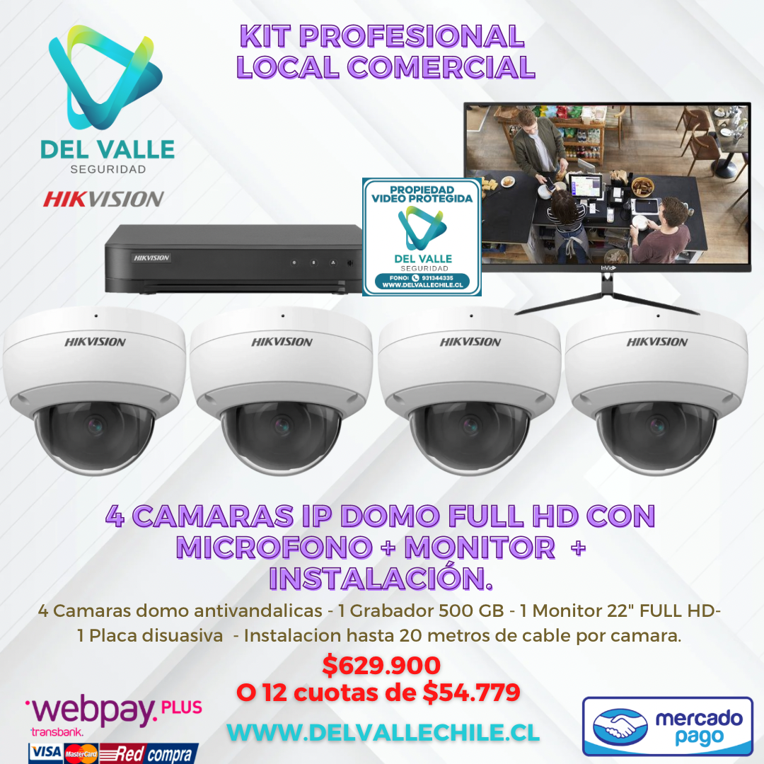Kit 4 Camaras IP Antivandalicas con micrófono + Monitor