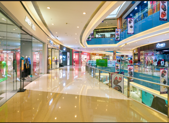 Bright, clean shopping mall interior