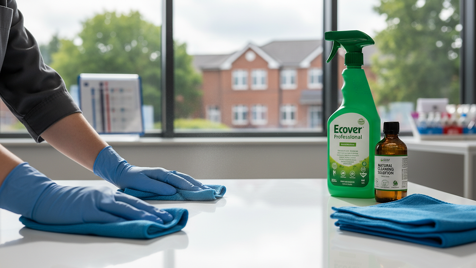 Close-up view of a professional cleaner using eco-friendly products on office surfaces