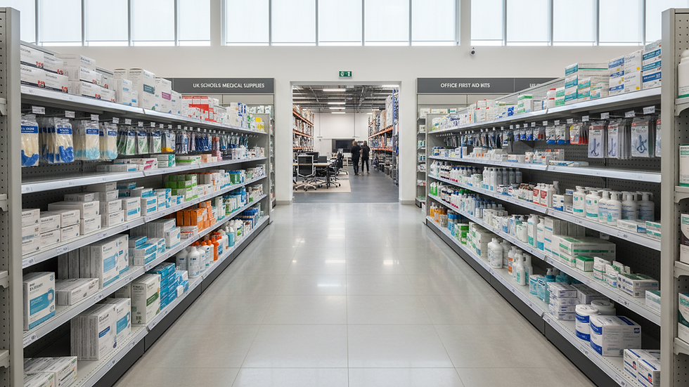 Eye-level view of a retail store aisle with clean floors and organised shelves
