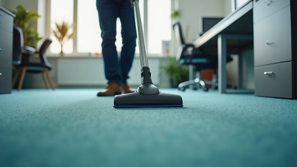 Close-up view of a professional cleaner using a vacuum on office carpet