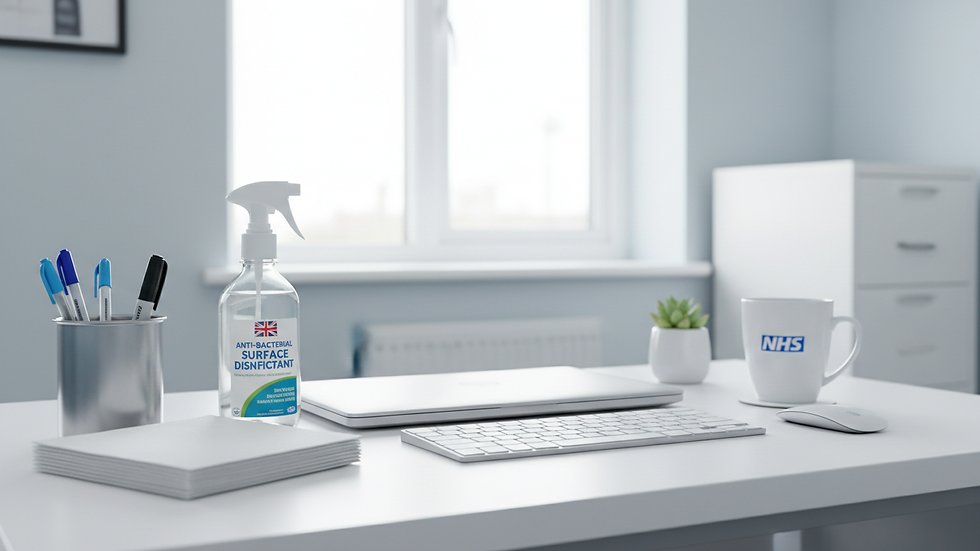 Eye-level view of a clean and organised office desk with disinfectant spray