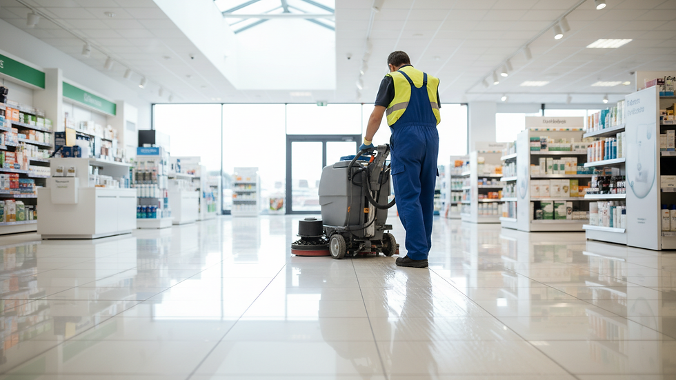Close-up view of a professional cleaner using a floor scrubber in a retail store