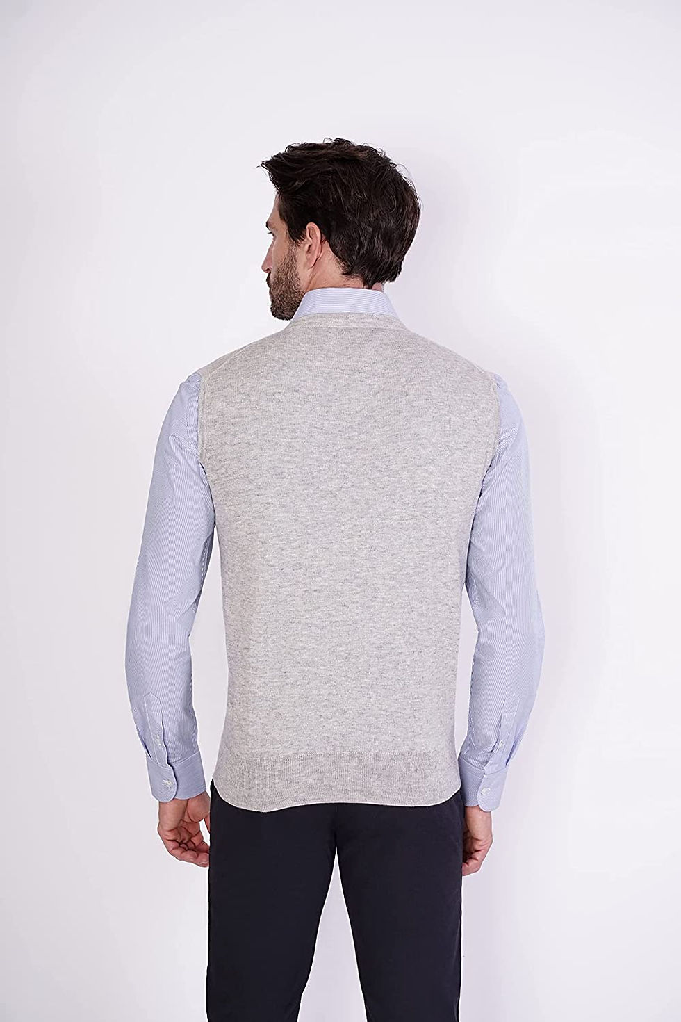 الصورة المصغرة:  للرجال من الحرير والكشمير برقبة على شكل حرف  - كنزة شتوية بدون أكمام