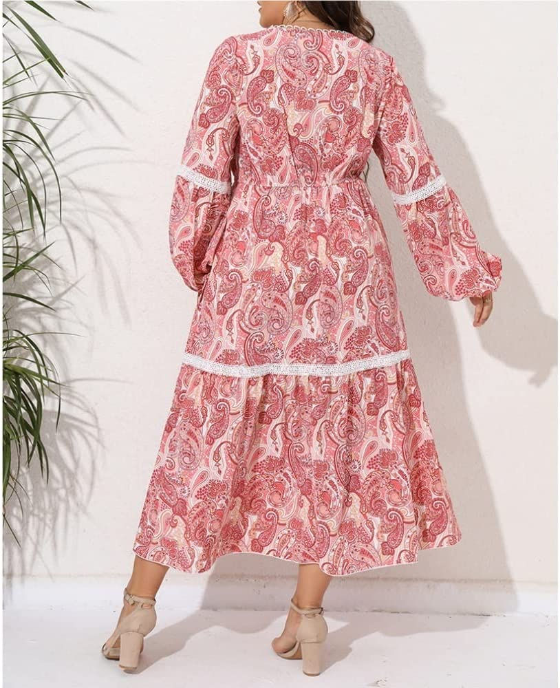 الصورة المصغرة: فستان نسائي طويل بأكمام طويلة من الدانتيل مطبوع عليه أزهار وفتحة رقبة على شكل V