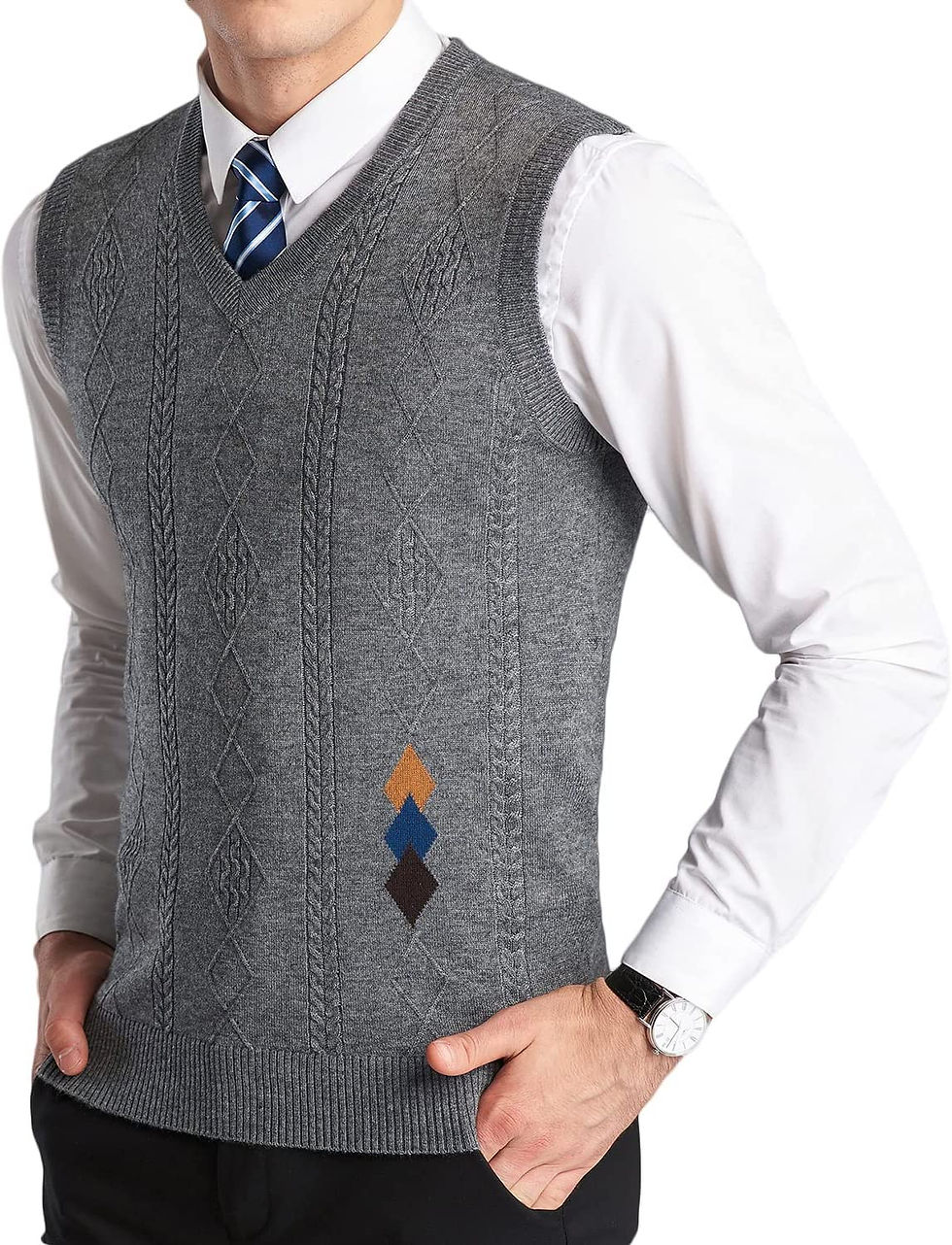 الصورة المصغرة:  سترة رجالي بدون أكمام سترة صوف مزيج جيليه رقبة على شكل حرف  كنزة صوفية متماسكة