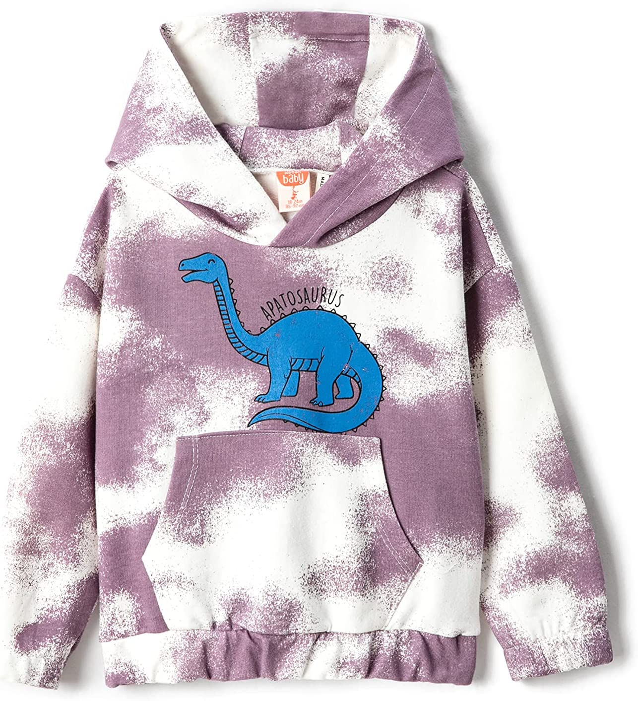 كنزة بغطاء للرأس من القطن مطبوع عليها ديناصور ، كنزة صباغة منقوشة بجيب الكنغر و