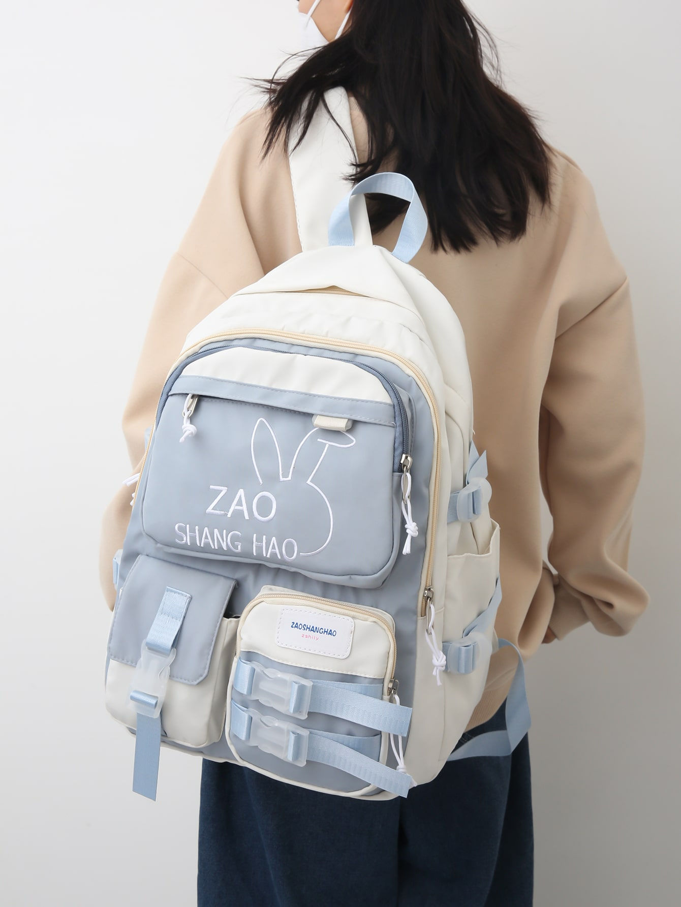 حقيبة ظهر عملية تصميم رسوم كارتون أرنب و مطرز بعبارة