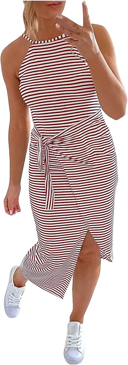 الصورة المصغرة: فستان نسائي ضيق يومي بدون أكمام مقلم ذو ياقة متوسطة وطويل