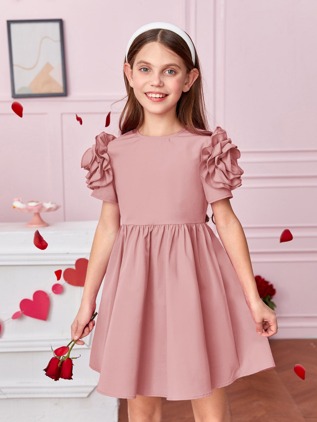 فستان مقلم بكشكش قطعة واحدة بنات