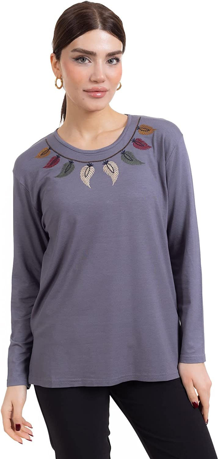 الصورة المصغرة: بلوزة نسائية جديدة في منتصف العمر وما فوق بأكمام طويلة بنمط أوراق الشجر مطرزة م