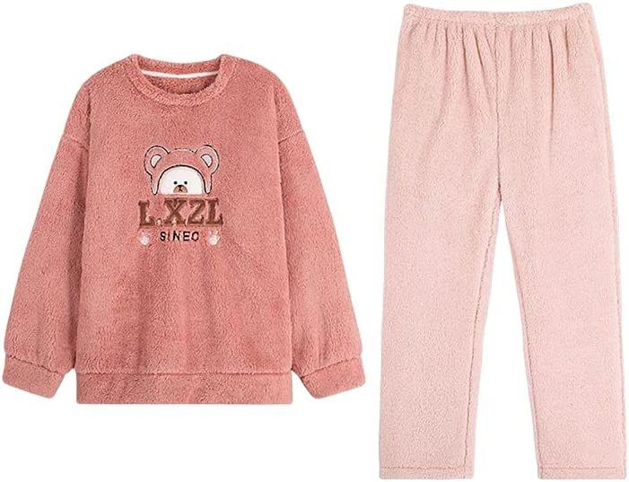 الصورة المصغرة: LUBOSE Women's nightgown, flannel, warm nightgown set, soft and comfortable, 2-