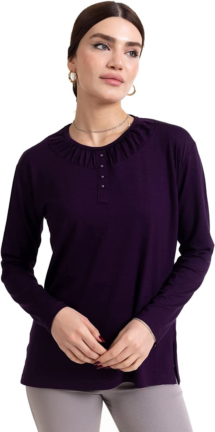 الصورة المصغرة: بلوزة قطنية ممشطة برقبة دائرية ونمط سادة للموسم الجديد