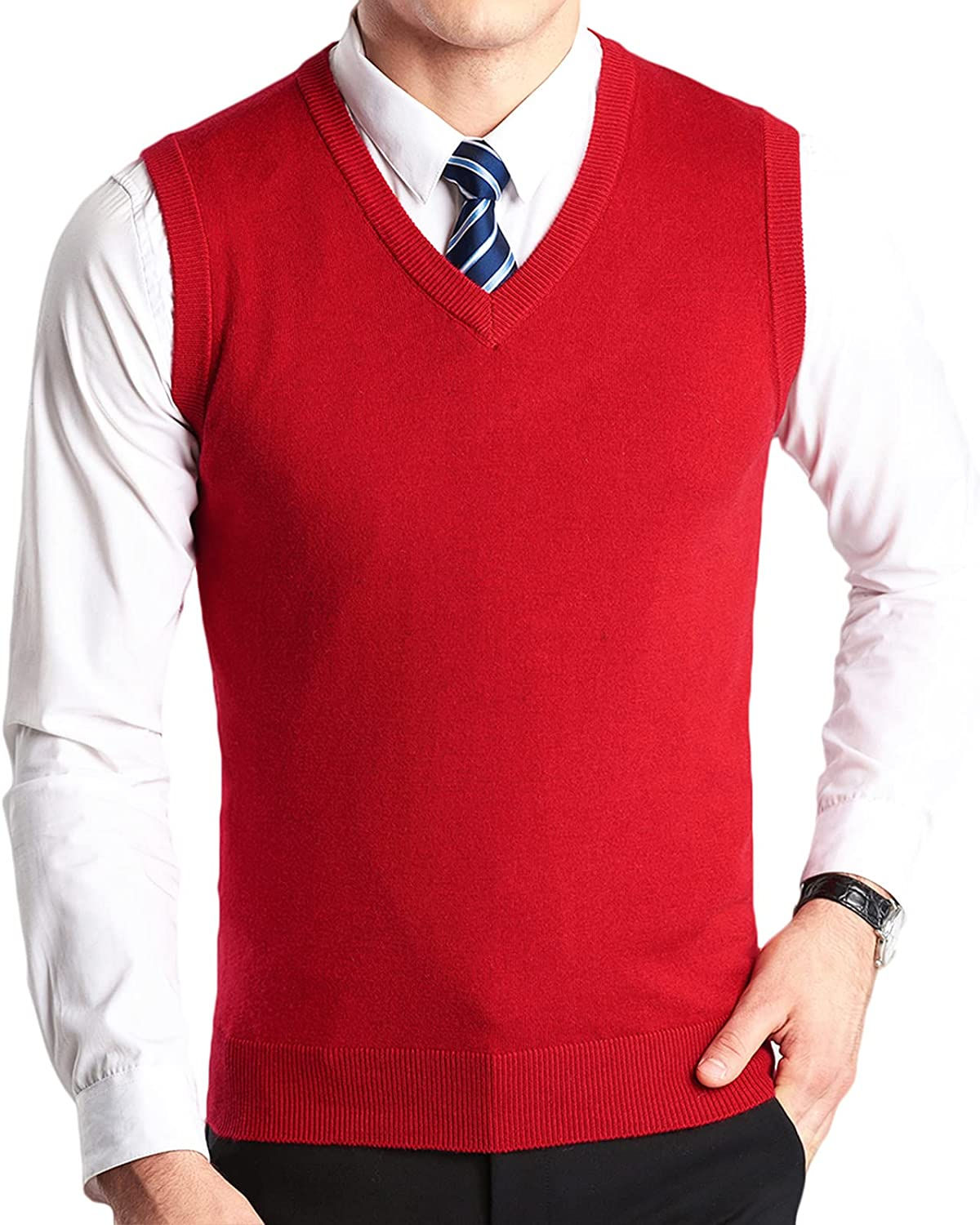  رجالي كنزة صوفية بدون أكمام سترة كلاسيكية برقبة على شكل حرف  منسوجة من الصوف ا