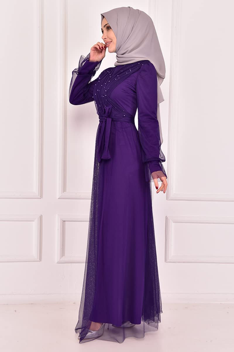 الصورة المصغرة: فستان سهرة مزين باللؤلؤ بنفسجي غامق