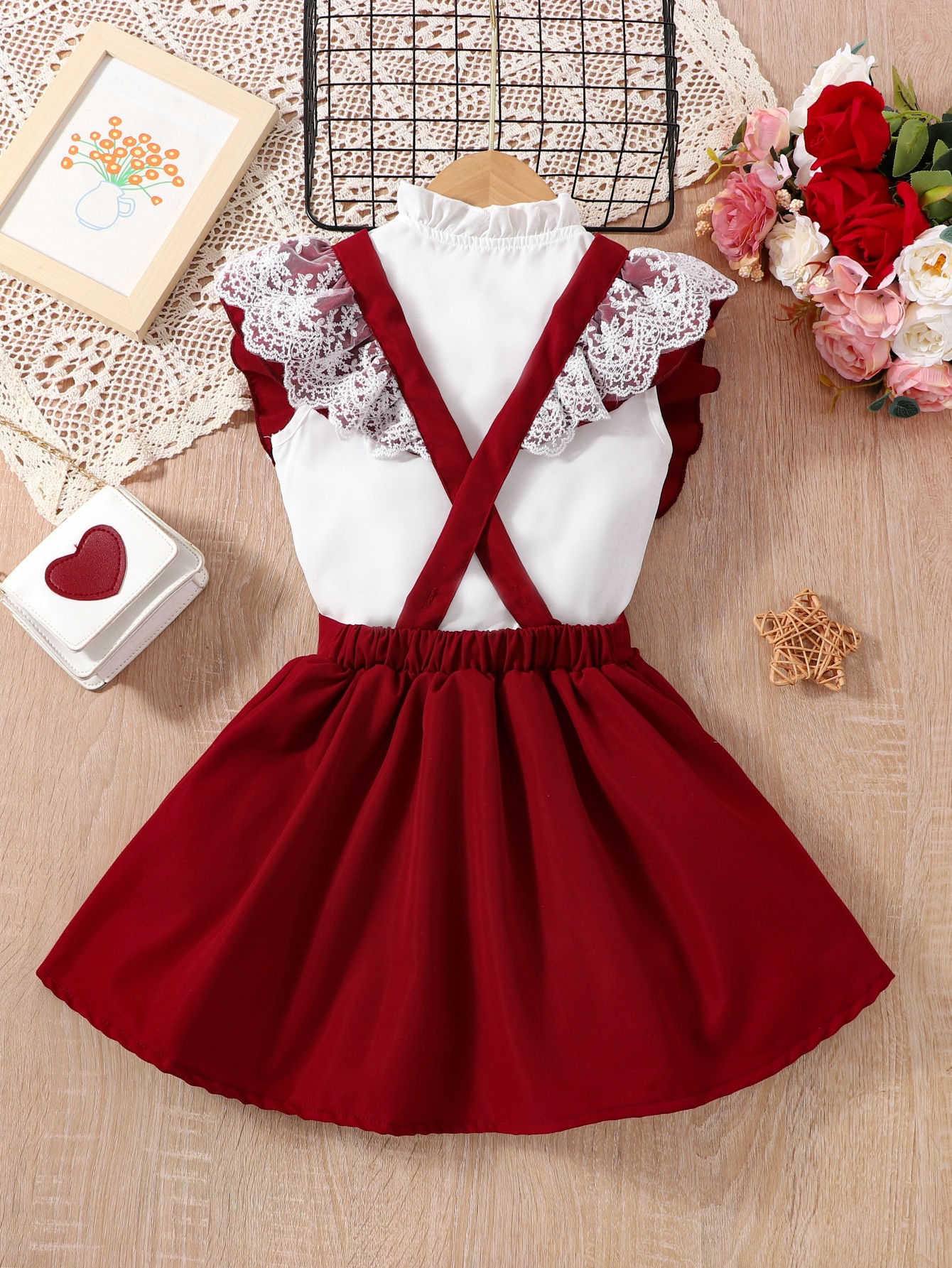 للبنات الصغار بعنق رتوش قميص و كشكش مقلم دانتيل تنورة بينفور