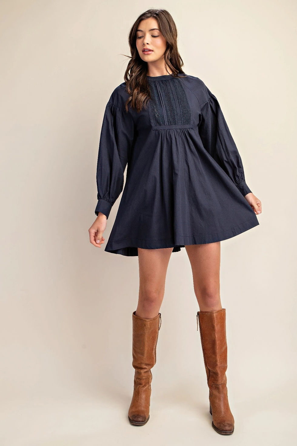 Thumbnail: Long sleeve mini dress with lace detail