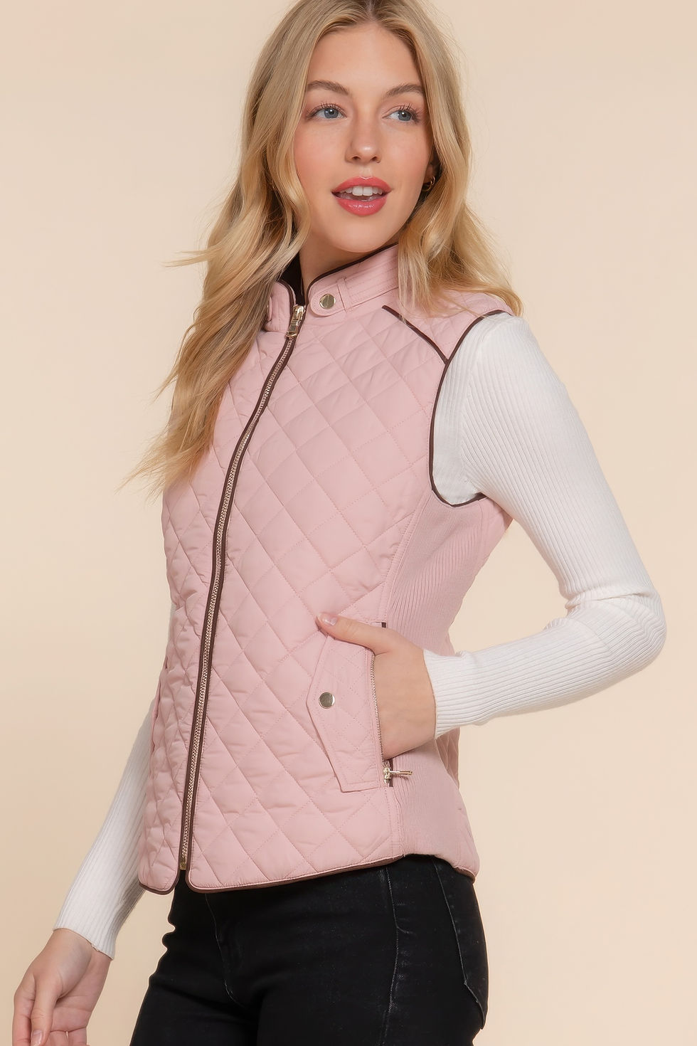Thumbnail: Suede Piping Quilted Padding Vest